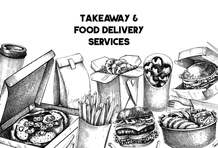 Food delivery banner. Hand drawn vector illustration. Vintage style. Takeaway food background, takeout food in paper box, fast food menu design. Pizza, burger, coffee, noodles, poke, sushi sketch